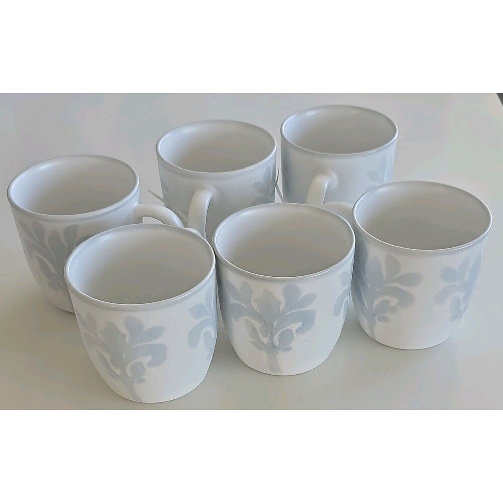 Pottery Barn Chambray Tile Stoneware Mugs Blue White Floral Set of 6 Portugal